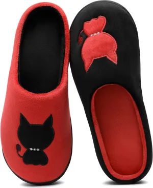 Women's Red & Black Fuzzy Slippers Soft Memory Foam Kitten Slip-On Non-Slip Warm Indoor House Shoes