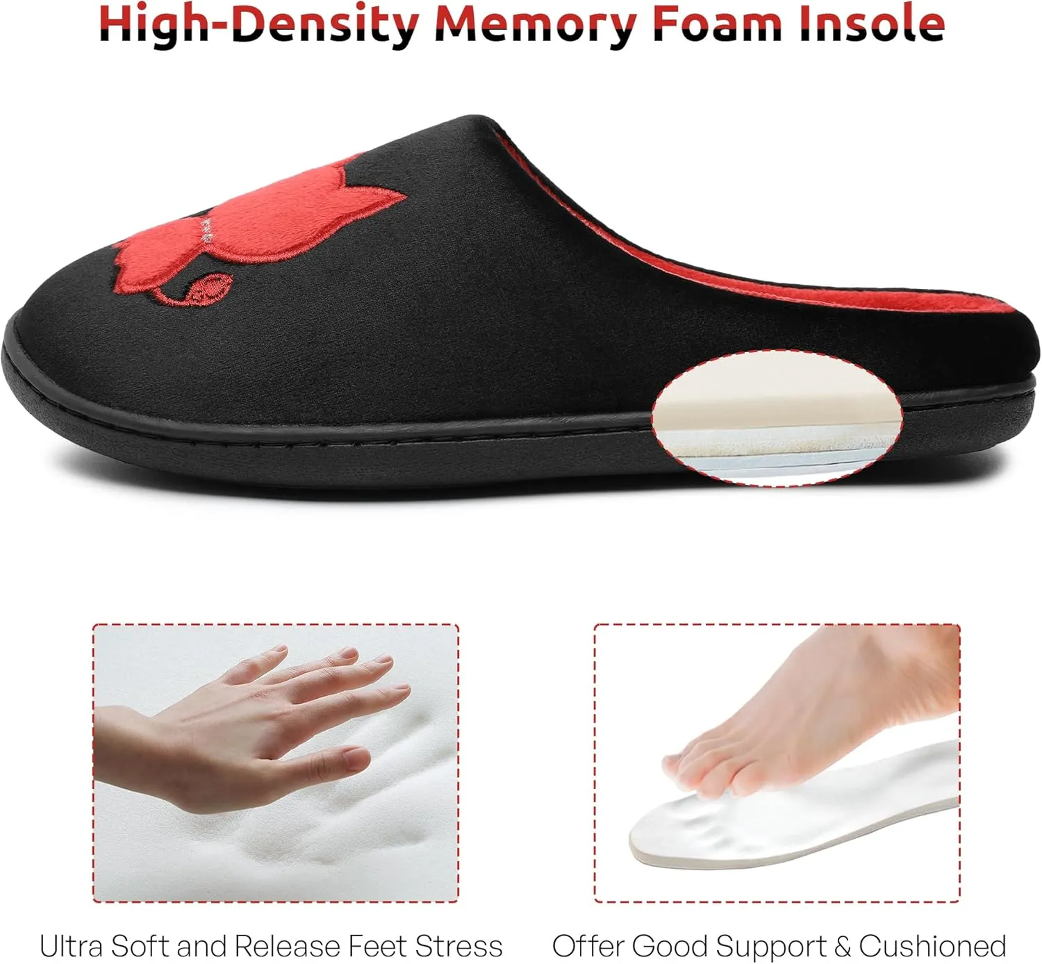 Women's Red & Black Fuzzy Slippers Soft Memory Foam Kitten Slip-On Non-Slip Warm Indoor House Shoes