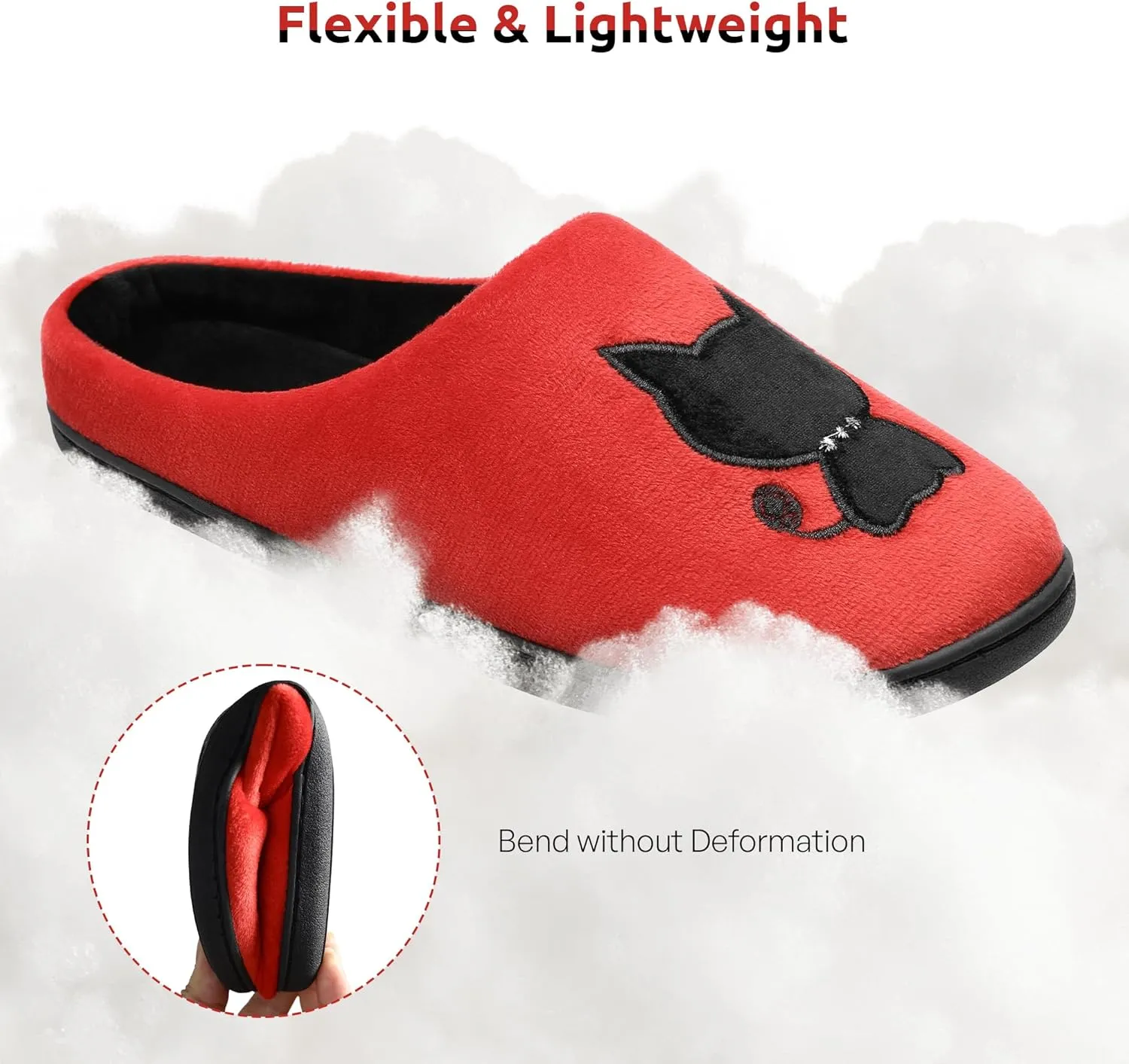 Women's Red & Black Fuzzy Slippers Soft Memory Foam Kitten Slip-On Non-Slip Warm Indoor House Shoes