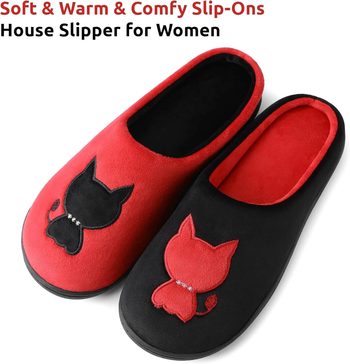 Women's Red & Black Fuzzy Slippers Soft Memory Foam Kitten Slip-On Non-Slip Warm Indoor House Shoes