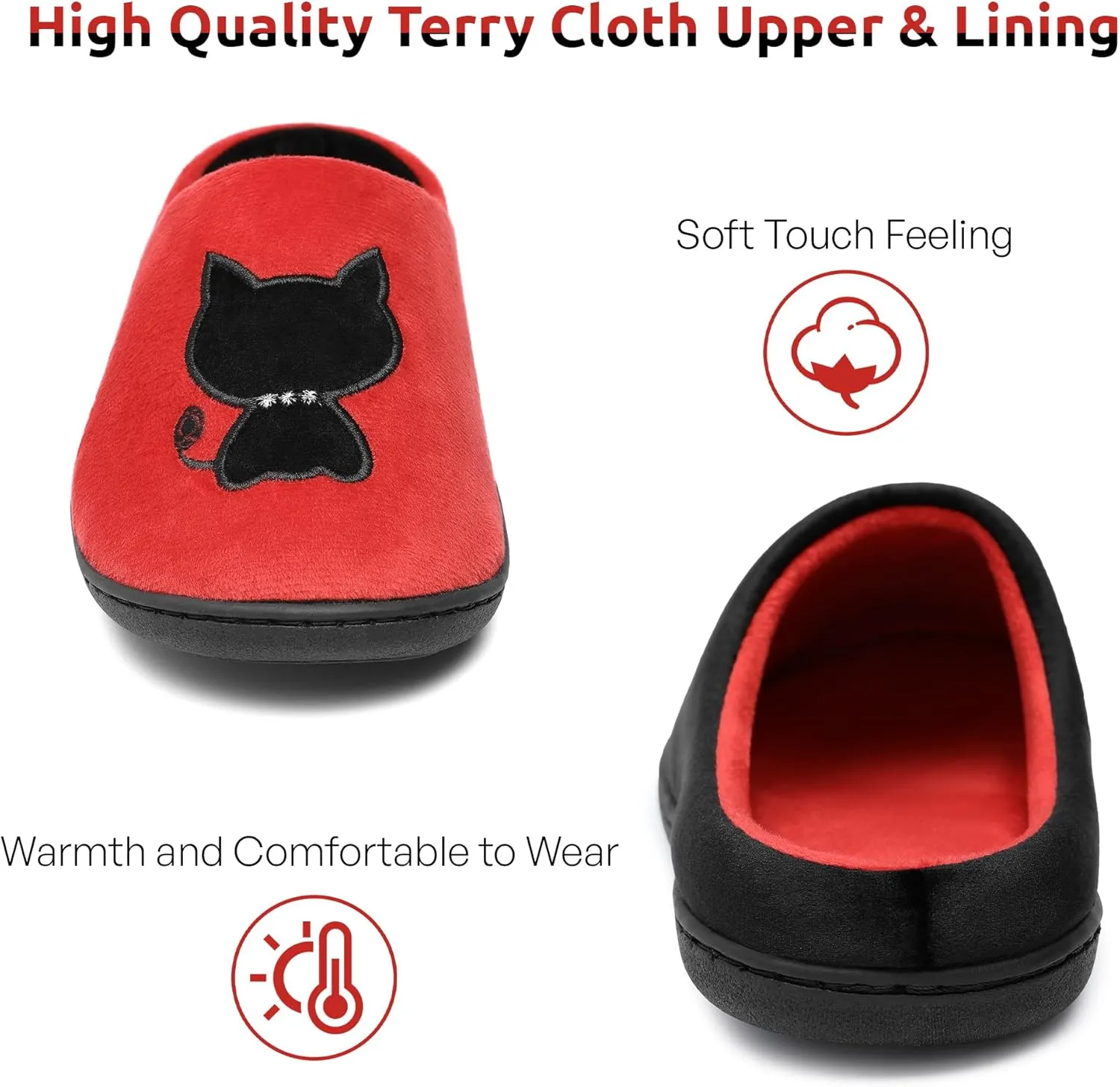 Women's Red & Black Fuzzy Slippers Soft Memory Foam Kitten Slip-On Non-Slip Warm Indoor House Shoes