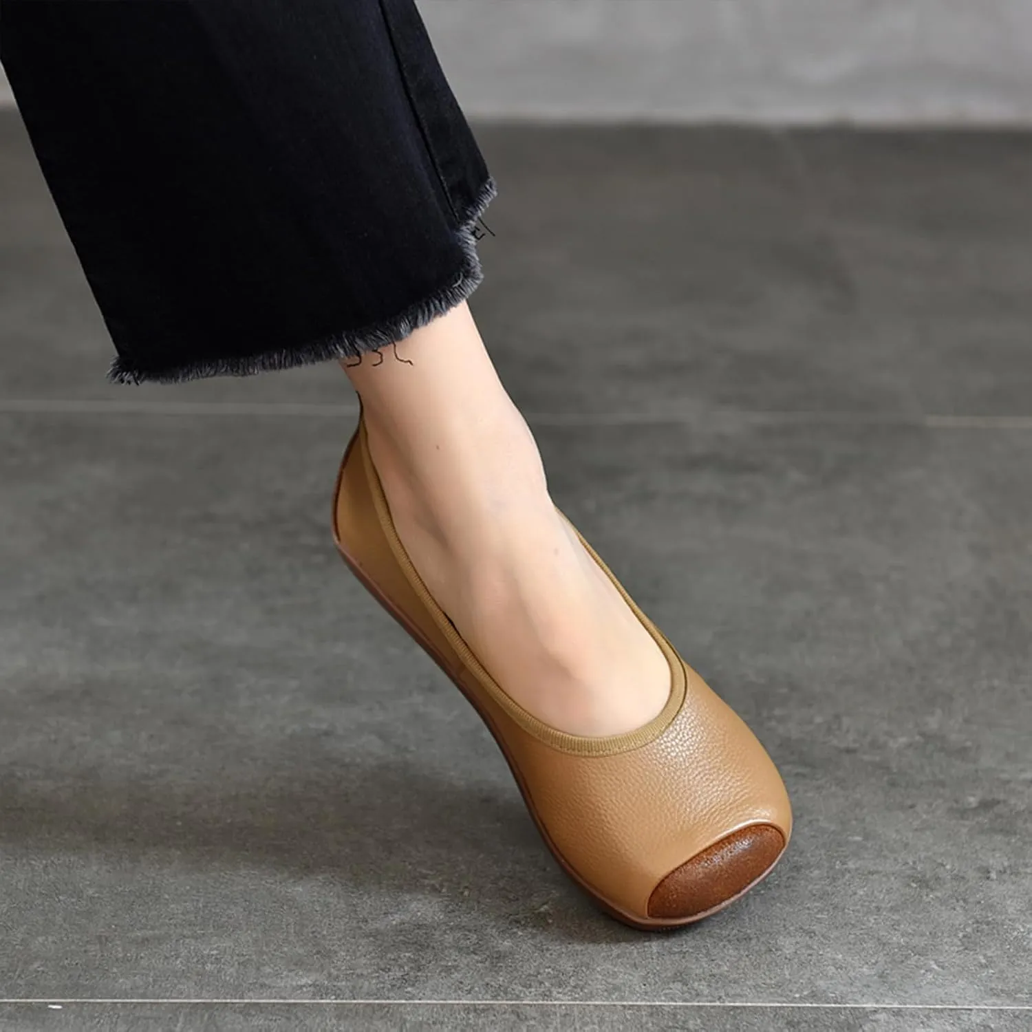 Women's Retro Genuine Leather Loafers Comfort Slip On Square Wide Toe Soft Bottom Low Heeled Ballet Flats Lightweight Non-Slip Prom Dress Shoes