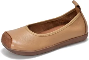Women's Retro Genuine Leather Loafers Comfort Slip On Square Wide Toe Soft Bottom Low Heeled Ballet Flats Lightweight Non-Slip Prom Dress Shoes