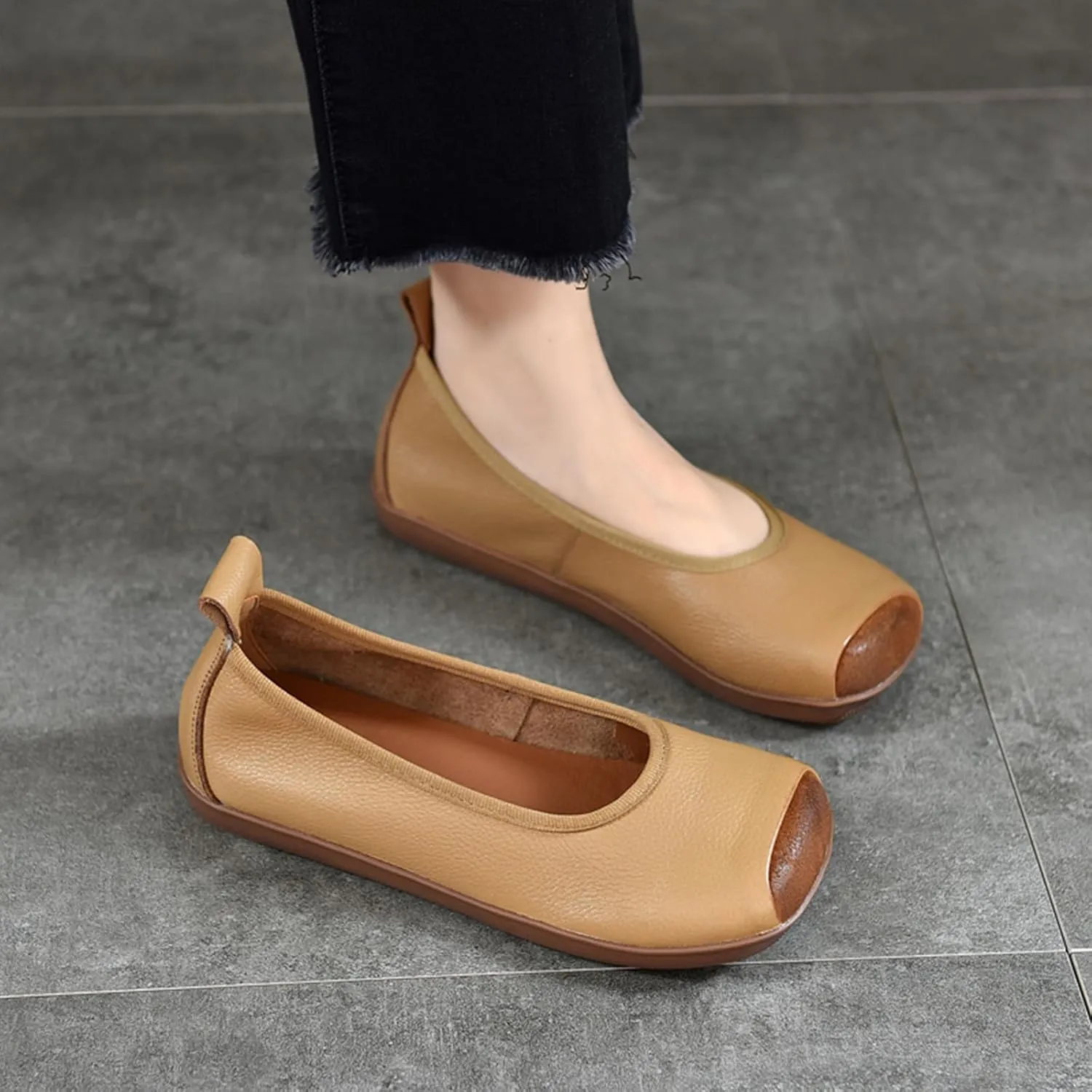 Women's Retro Genuine Leather Loafers Comfort Slip On Square Wide Toe Soft Bottom Low Heeled Ballet Flats Lightweight Non-Slip Prom Dress Shoes
