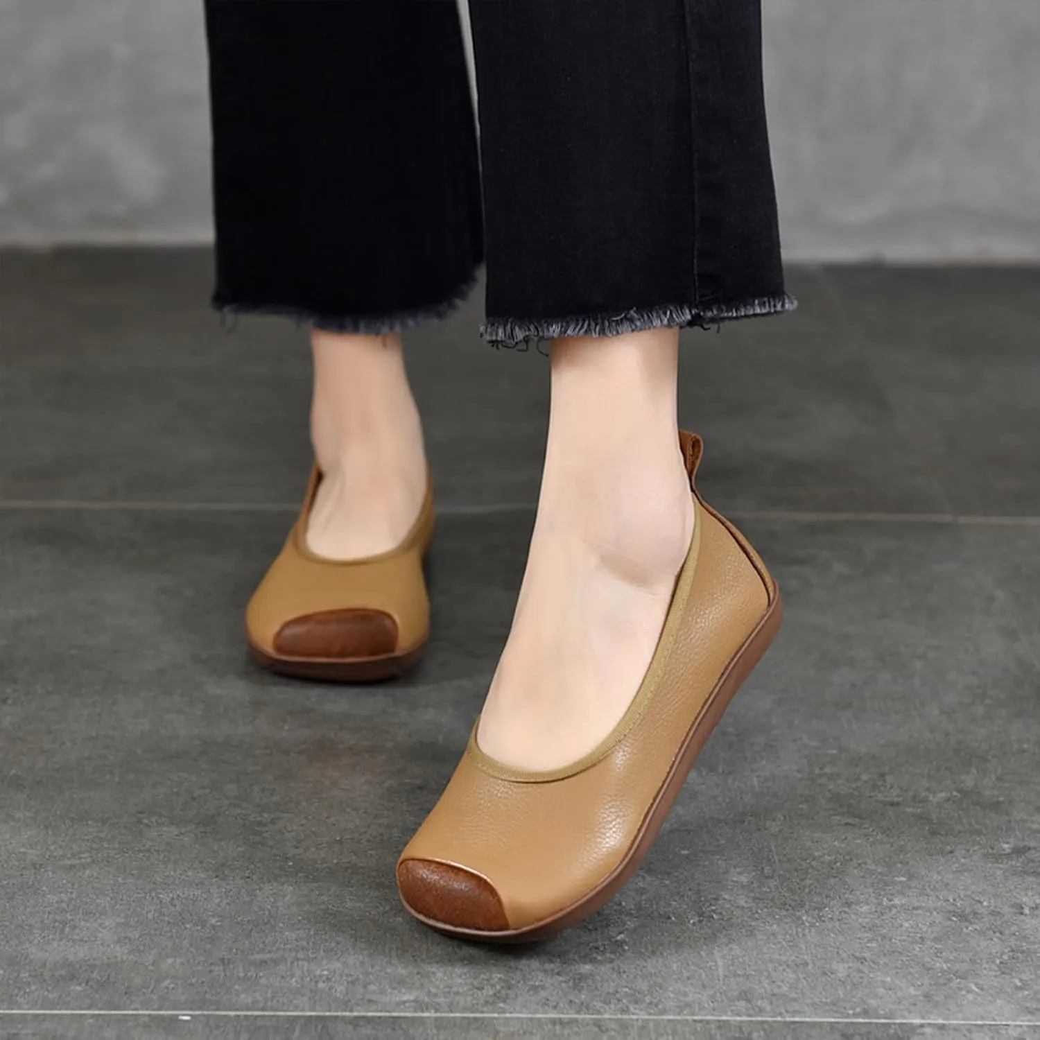 Women's Retro Genuine Leather Loafers Comfort Slip On Square Wide Toe Soft Bottom Low Heeled Ballet Flats Lightweight Non-Slip Prom Dress Shoes