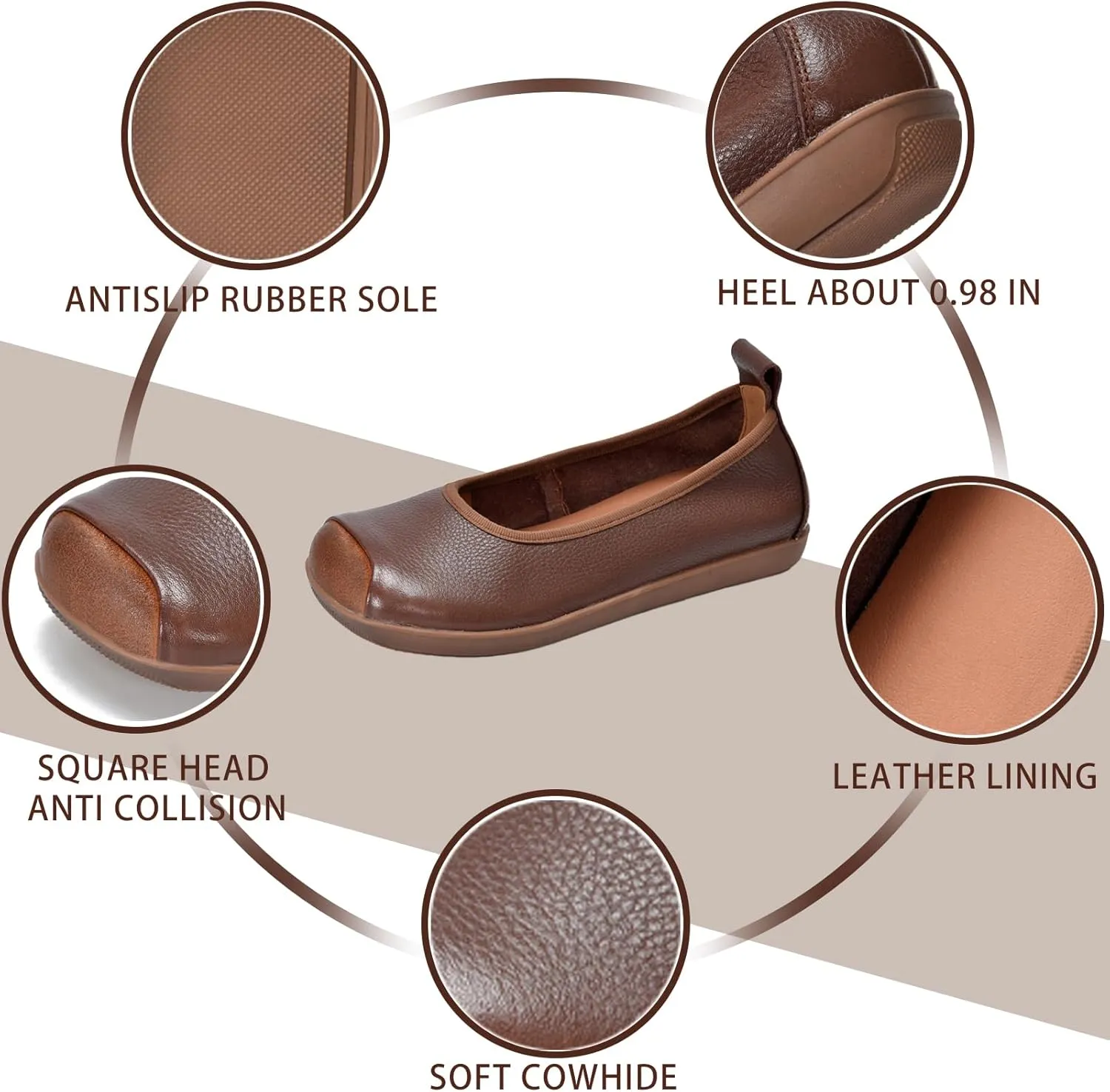 Women's Retro Genuine Leather Loafers Comfort Slip On Square Wide Toe Soft Bottom Low Heeled Ballet Flats Lightweight Non-Slip Prom Dress Shoes