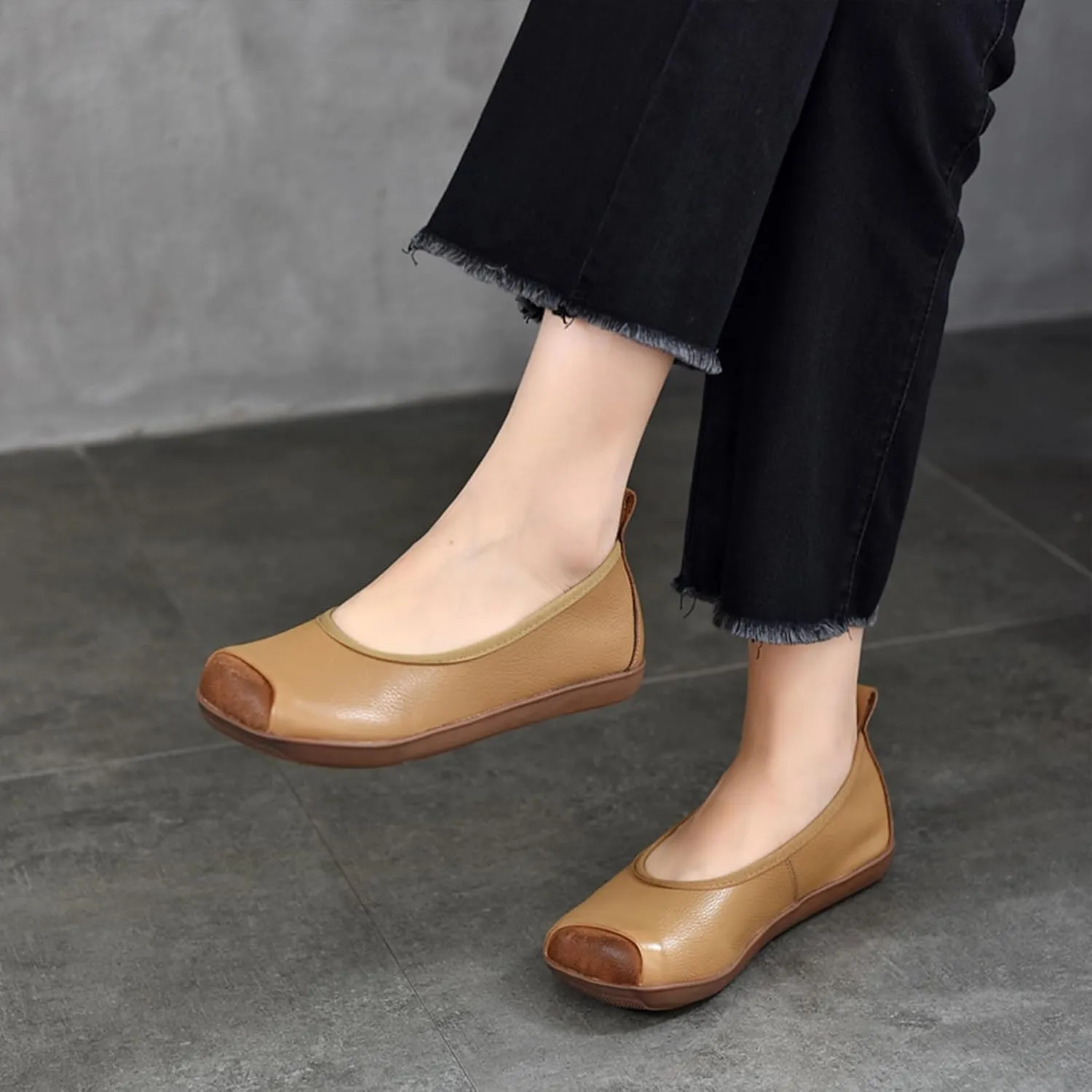 Women's Retro Genuine Leather Loafers Comfort Slip On Square Wide Toe Soft Bottom Low Heeled Ballet Flats Lightweight Non-Slip Prom Dress Shoes