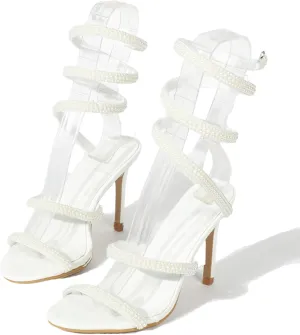 Women'S Rhinestone Coil Spiral Ankle Strap Stiletto Sandals Elegant Sexy Pointed Toe Ankle Wrap Up Strappy High Heel Dress sandals For Party wedding