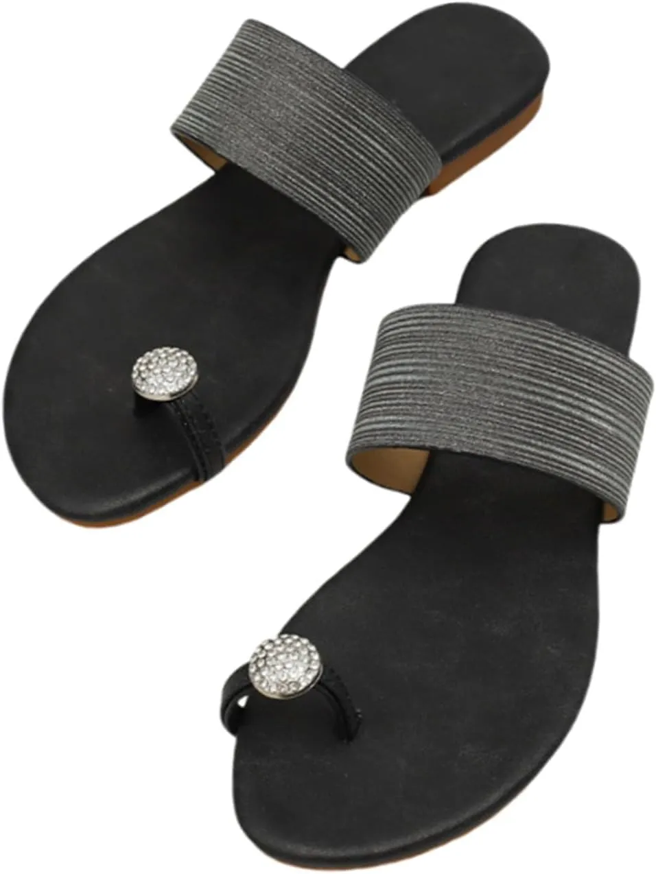 Women's Rhinestone Flat Clip Toe Loop Ring Flip Flops Sandals Block Low Heel Slip on Gladiator Thong Slides for Women Summer Outdoor