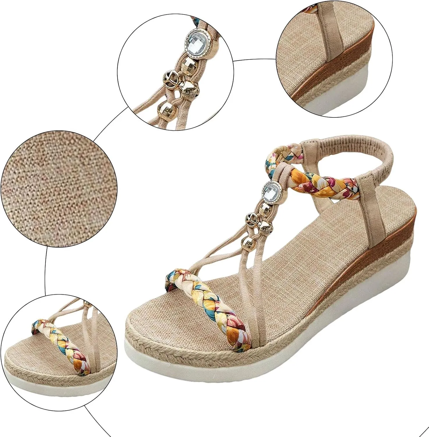 Women's Rhinestone Open Toe High Heel Roman Summer Platform Sandals Summer Low Wedges Comfortable Open Toe Sandals Elastic Ankle Strap Beach Walking Sandals