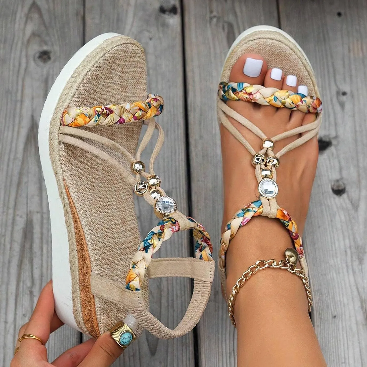 Women's Rhinestone Open Toe High Heel Roman Summer Platform Sandals Summer Low Wedges Comfortable Open Toe Sandals Elastic Ankle Strap Beach Walking Sandals
