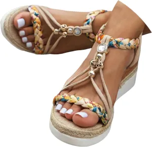 Women's Rhinestone Open Toe High Heel Roman Summer Platform Sandals Summer Low Wedges Comfortable Open Toe Sandals Elastic Ankle Strap Beach Walking Sandals