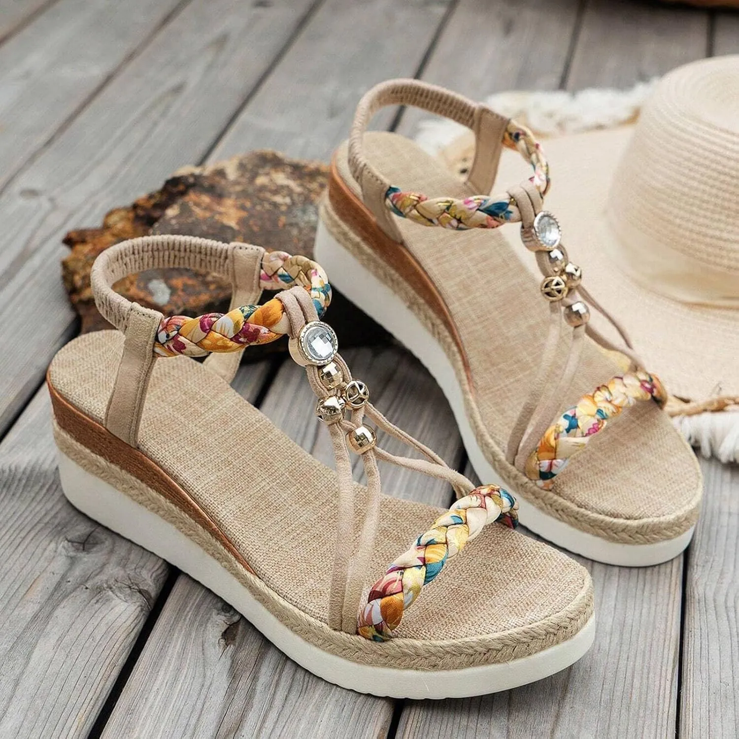 Women's Rhinestone Open Toe High Heel Roman Summer Platform Sandals Summer Low Wedges Comfortable Open Toe Sandals Elastic Ankle Strap Beach Walking Sandals