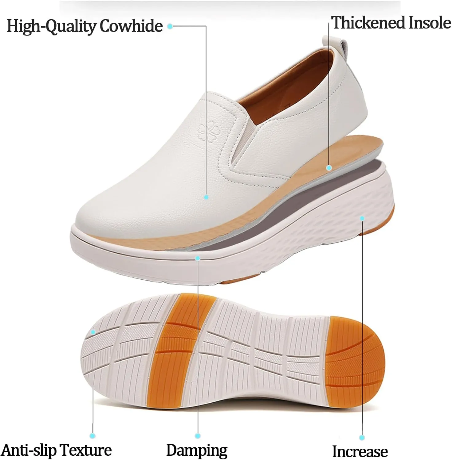 Women's Round Toe Leather Platform Loafers Comfortable Slip On Lightweight Non Slip Walking Shoes Soft Breathable Work Shopping Driving Shoes