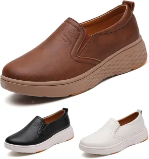 Women's Round Toe Leather Platform Loafers Comfortable Slip On Lightweight Non Slip Walking Shoes Soft Breathable Work Shopping Driving Shoes
