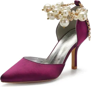 Women's Sandal 8CM High Heels Beaded Bowknot Strap Bridal Wedding Shoes Satin Stiletto Pump Elegant Formal Women's Sandal Pointed Toe,Purple,11.5