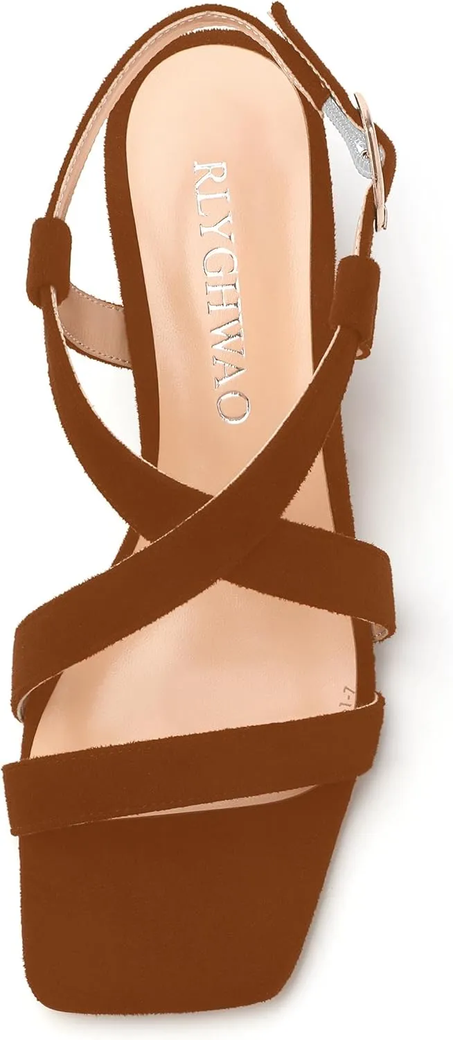 Womens Sandals, Square Open Toe Low Chunky Heels, Adjustable Strap Buckle Fashion Solid Sandal