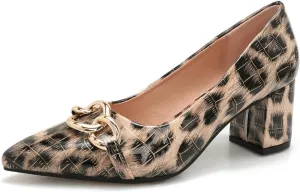 Women's Sexy Leopard Print Pointed Toe Metal Chain Pumps Shoes Low Chunky Block Slip On Patent Leather Heels for Women Wedding Daily Party Dress Shoes 2.36 Inch