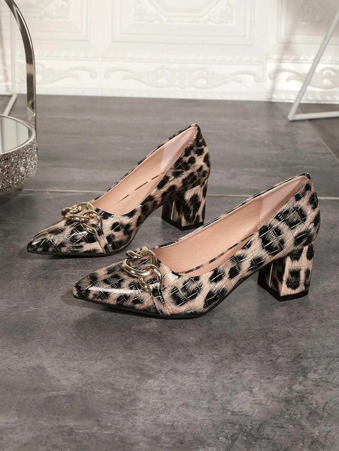 Women's Sexy Leopard Print Pointed Toe Metal Chain Pumps Shoes Low Chunky Block Slip On Patent Leather Heels for Women Wedding Daily Party Dress Shoes 2.36 Inch