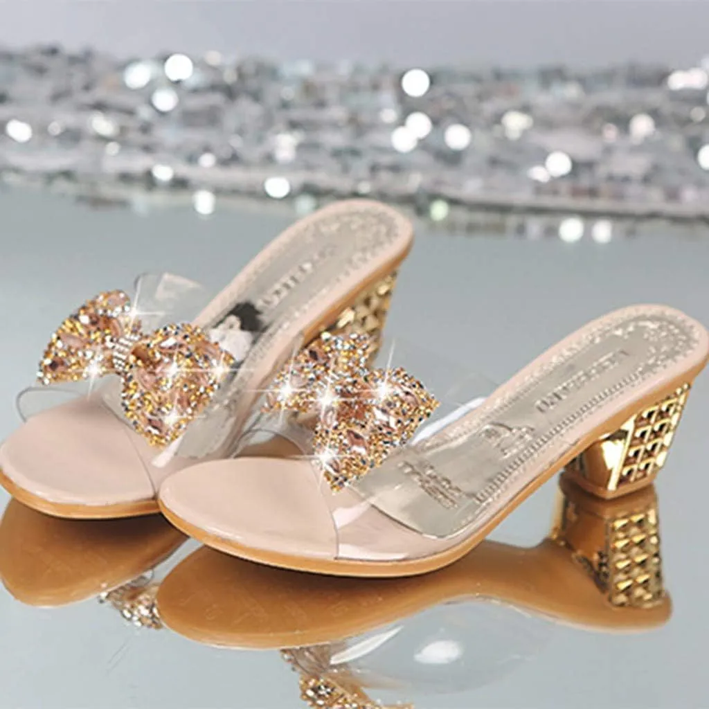 Women's Shoes Bow Knot Crystal Peep Toe Heels High Elegant Slipper Sandals