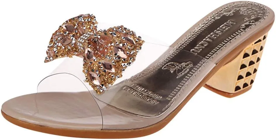 Women's Shoes Bow Knot Crystal Peep Toe Heels High Elegant Slipper Sandals