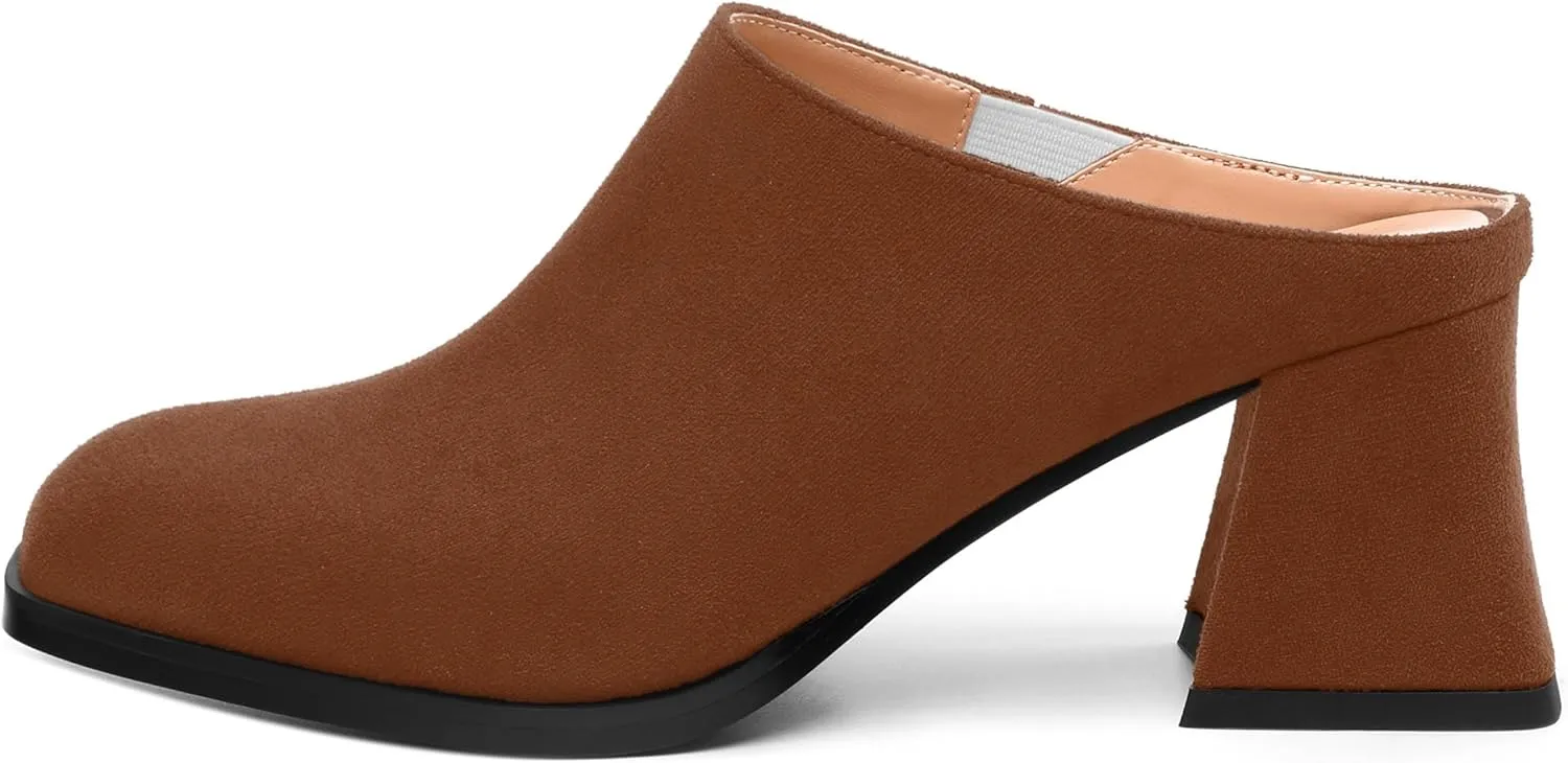 Women's Slide Sandals, Square Closed Toe Chunky Heeled Sandals, Comfort Slip On Fashion Solid Suede Mules Sandals for Women