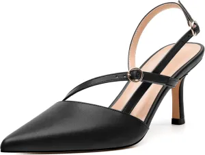 Women's Slingback Pumps, Pointed Toe Buckle Mid Heel, Fashion Solid Matte High Heel Shoes for Women