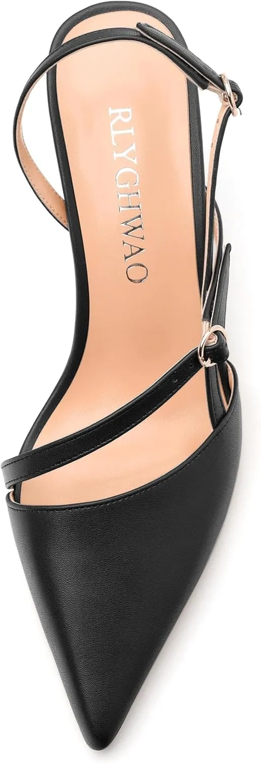 Women's Slingback Pumps, Pointed Toe Buckle Mid Heel, Fashion Solid Matte High Heel Shoes for Women