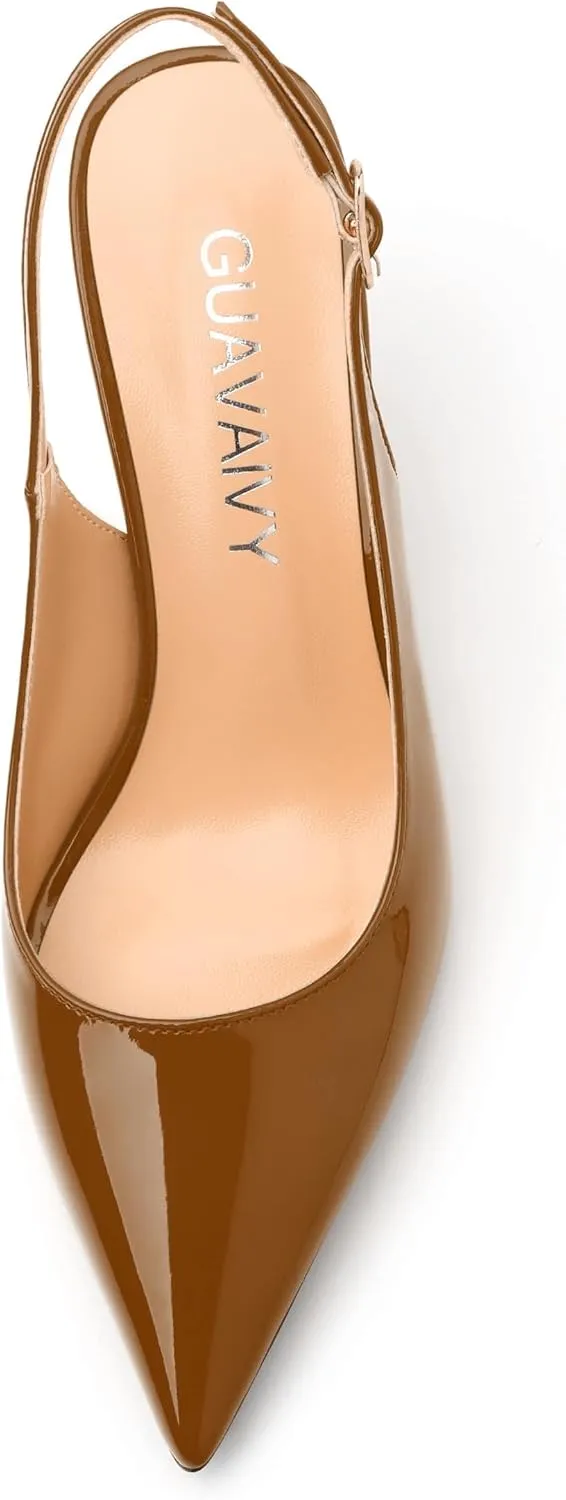 Women's Slingback Pumps, Pointed Toe Buckle Mid Stiletto Heel, Fashion Solid Patent High Heel Shoes for Women