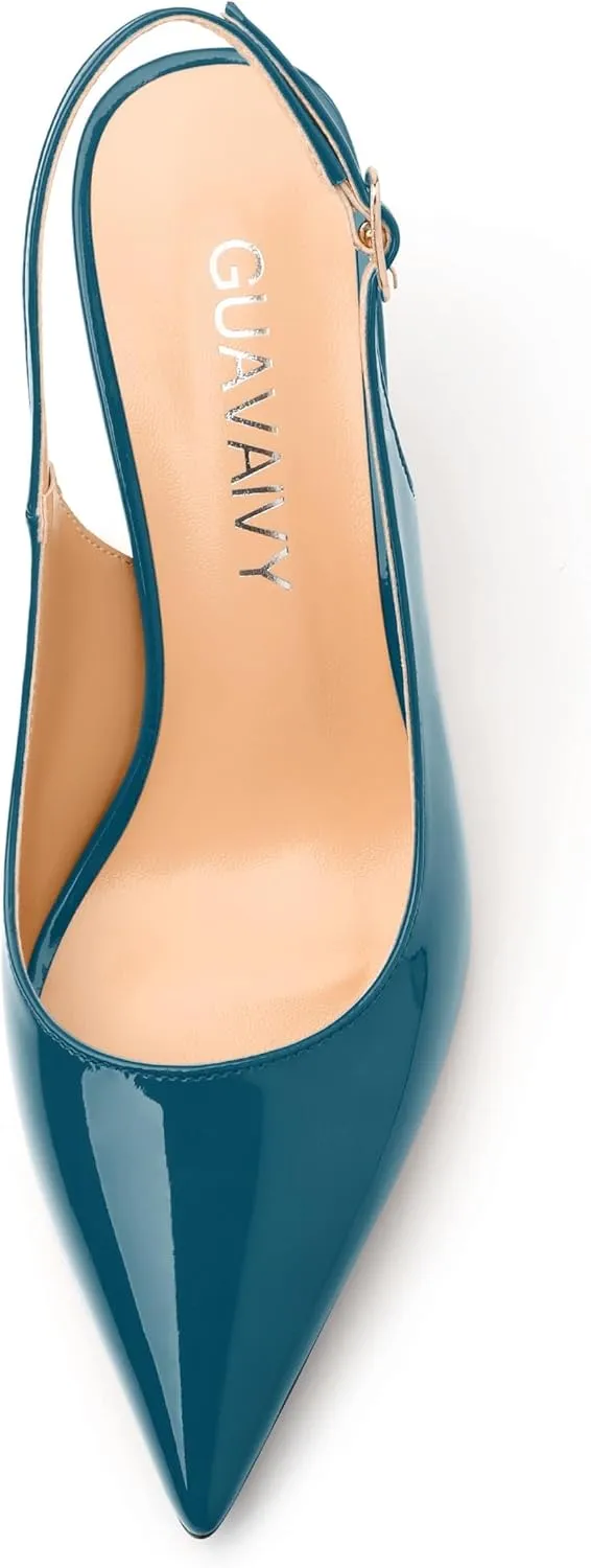 Women's Slingback Pumps, Pointed Toe Buckle Mid Stiletto Heel, Fashion Solid Patent High Heel Shoes for Women