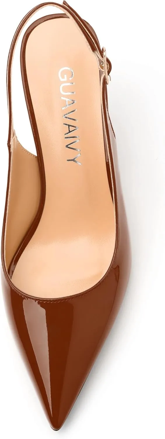 Women's Slingback Pumps, Pointed Toe Buckle Mid Stiletto Heel, Fashion Solid Patent High Heel Shoes for Women