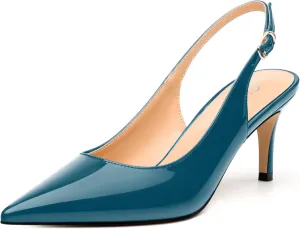 Women's Slingback Pumps, Pointed Toe Buckle Mid Stiletto Heel, Fashion Solid Patent High Heel Shoes for Women