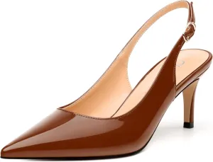 Women's Slingback Pumps, Pointed Toe Buckle Mid Stiletto Heel, Fashion Solid Patent High Heel Shoes for Women