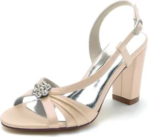 Women's Slingback Wedding Bridal Shoe Chunky Block Heels Peep Toe Sandals Buckle Prom Evening Party Pumps