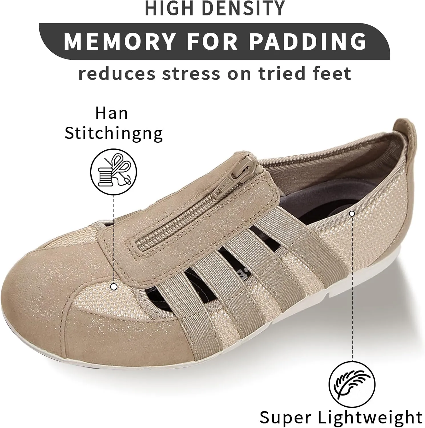 Women's Slip-On Loafers for Gyming Breathable Walking Shoes Lightweight Casual Sneaker with Zipper