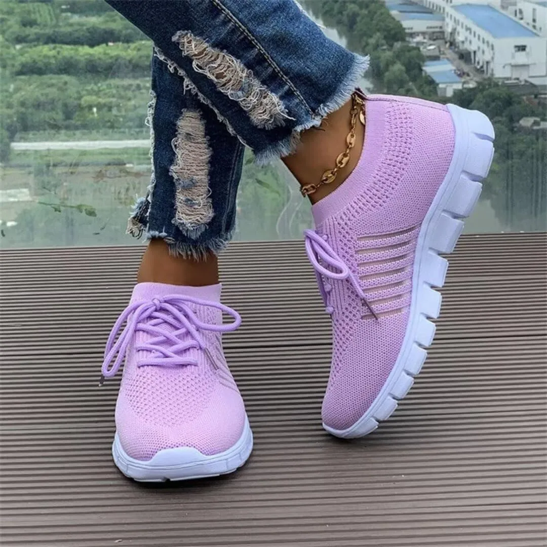 Women's Sneakers - Lightweight Breathable Knit - Slip-On Lace-Up - Cushioned Sole