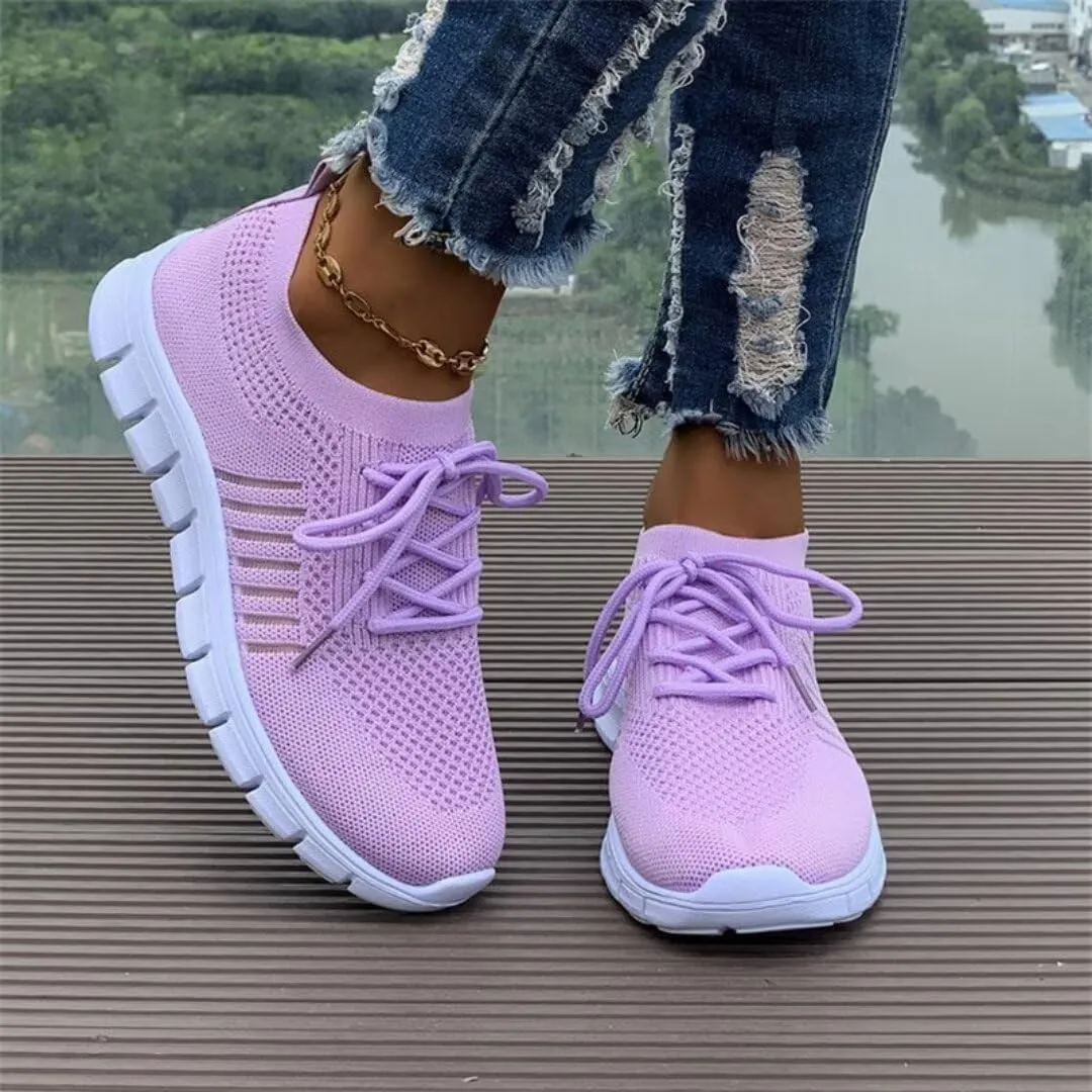 Women's Sneakers - Lightweight Breathable Knit - Slip-On Lace-Up - Cushioned Sole
