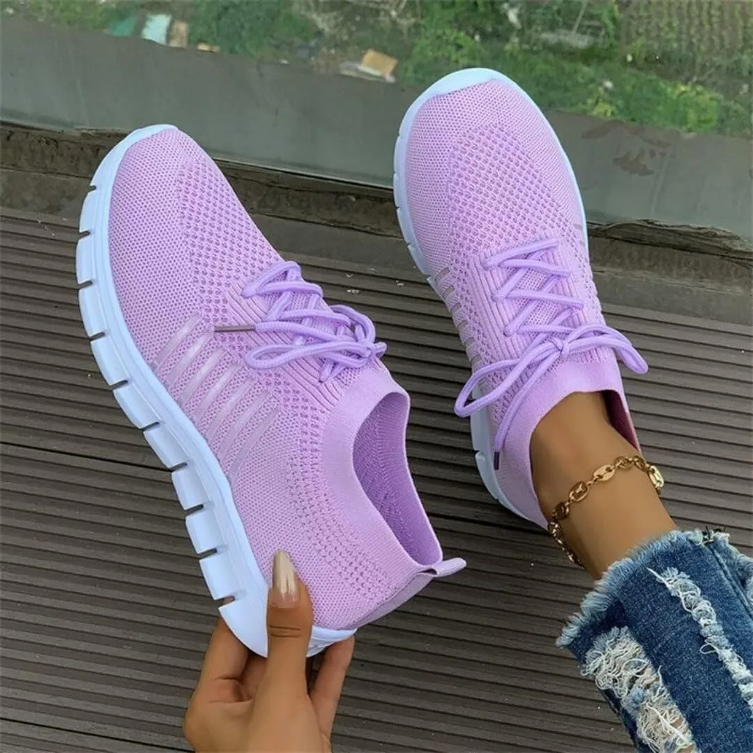 Women's Sneakers - Lightweight Breathable Knit - Slip-On Lace-Up - Cushioned Sole
