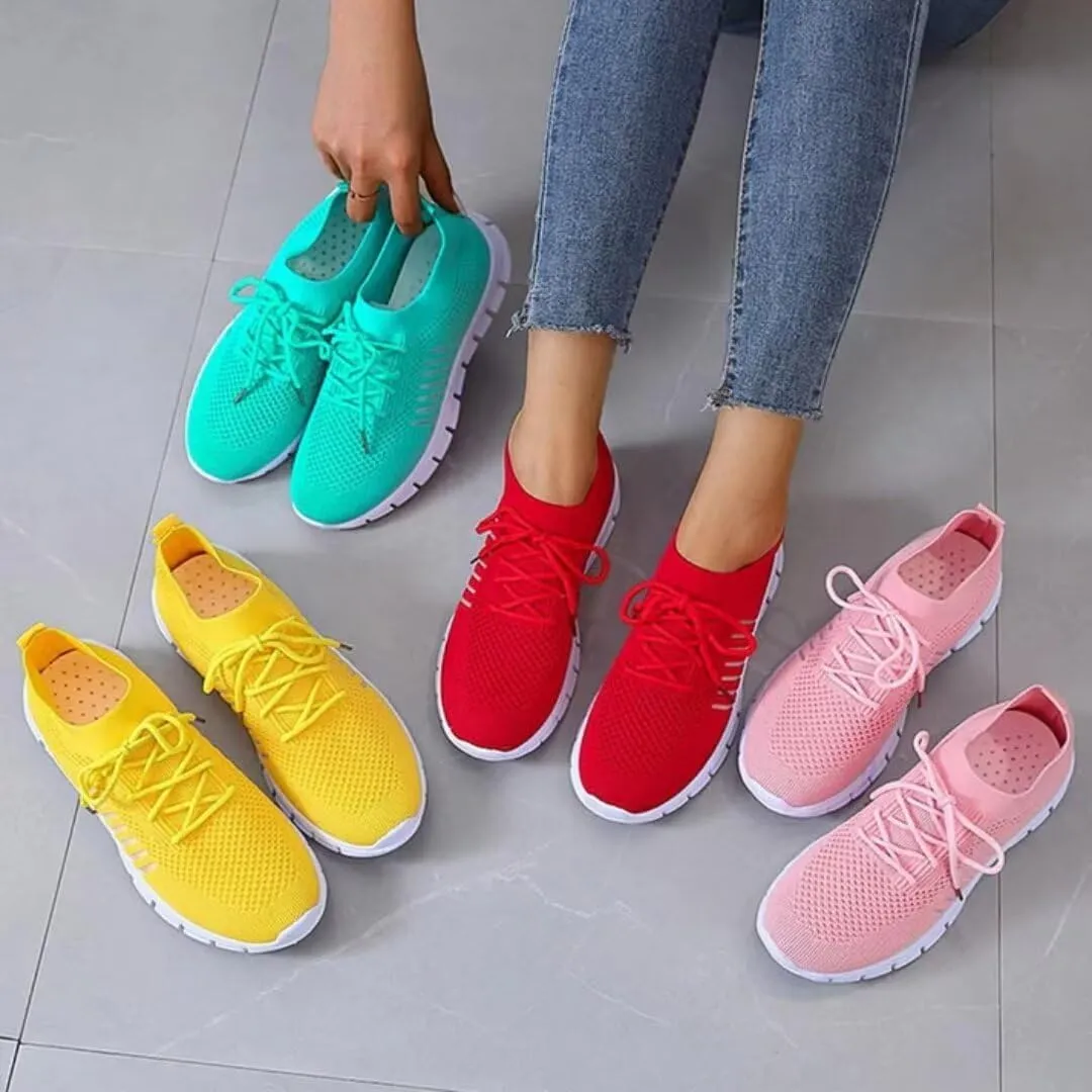 Women's Sneakers - Lightweight Breathable Knit - Slip-On Lace-Up - Cushioned Sole