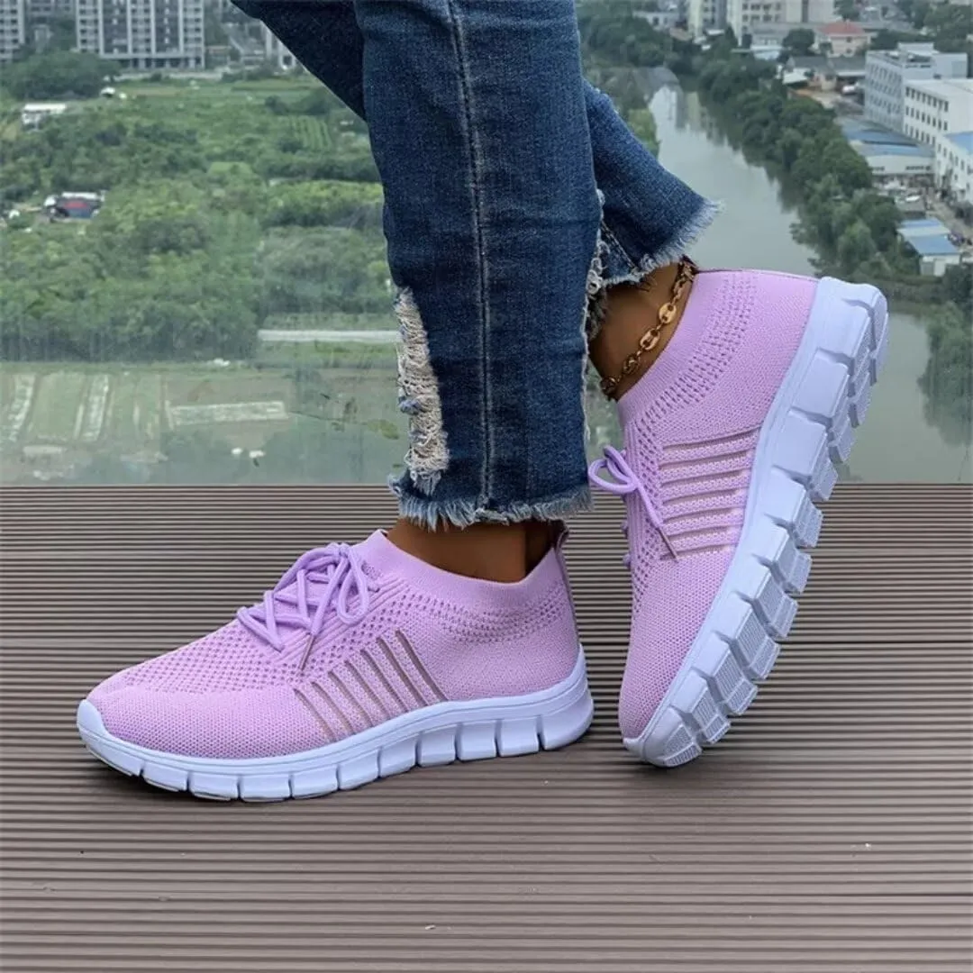 Women's Sneakers - Lightweight Breathable Knit - Slip-On Lace-Up - Cushioned Sole