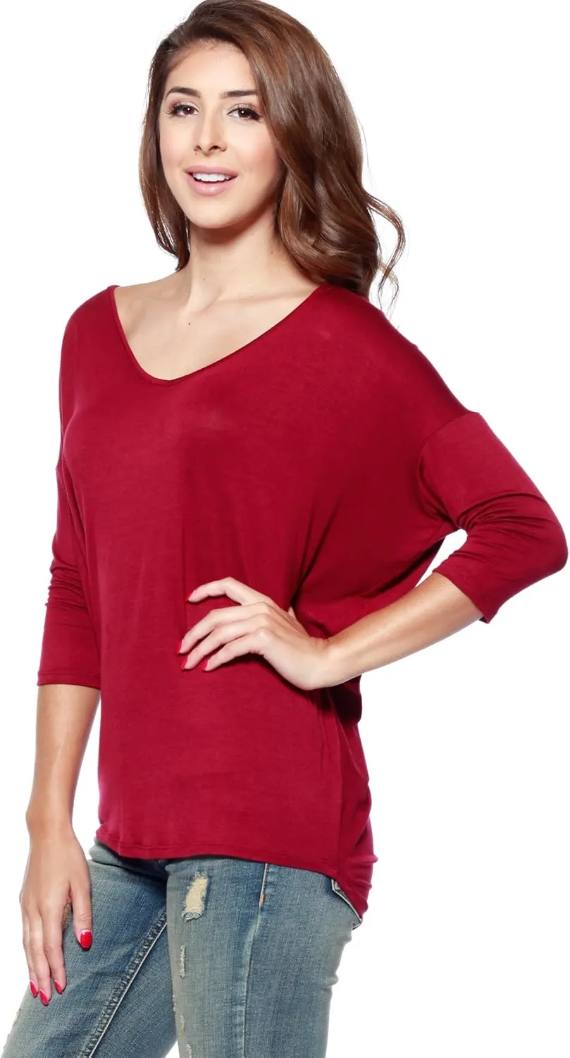 Women’s Soft Knit V-Neck Dolman Tunic Top with ¾ Long Sleeves