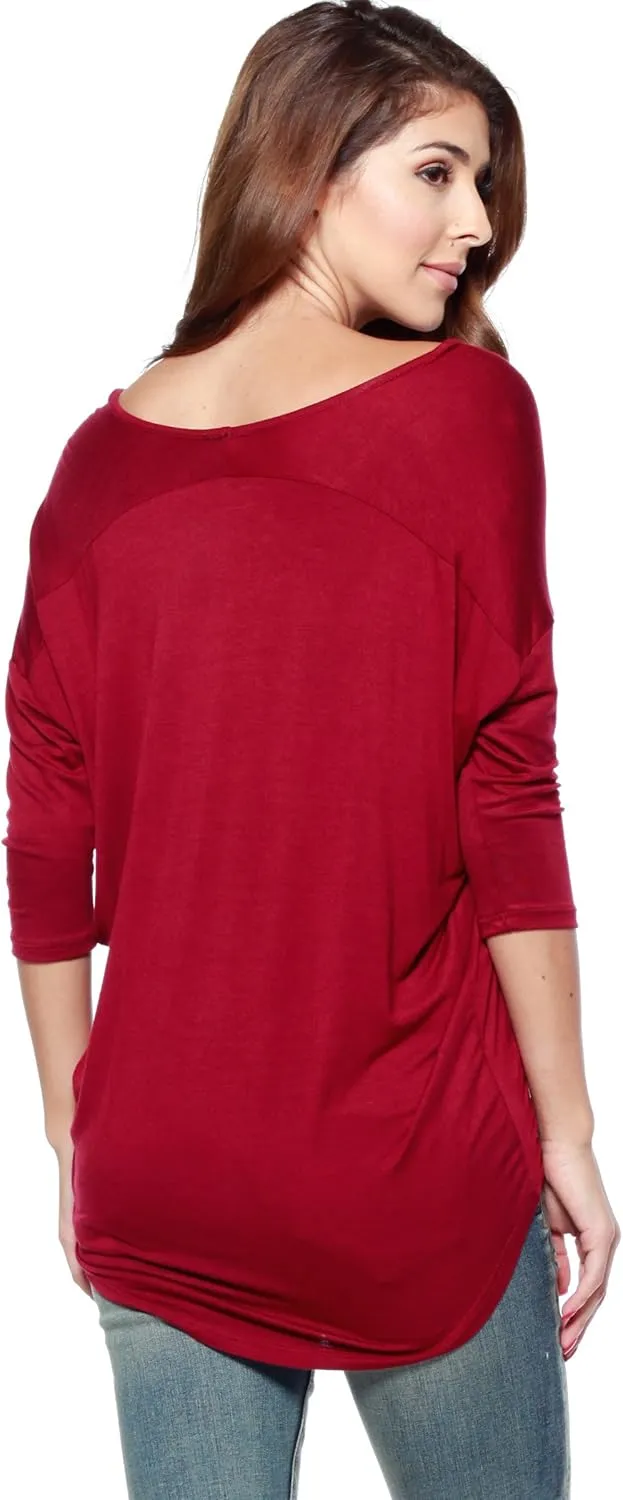 Women’s Soft Knit V-Neck Dolman Tunic Top with ¾ Long Sleeves