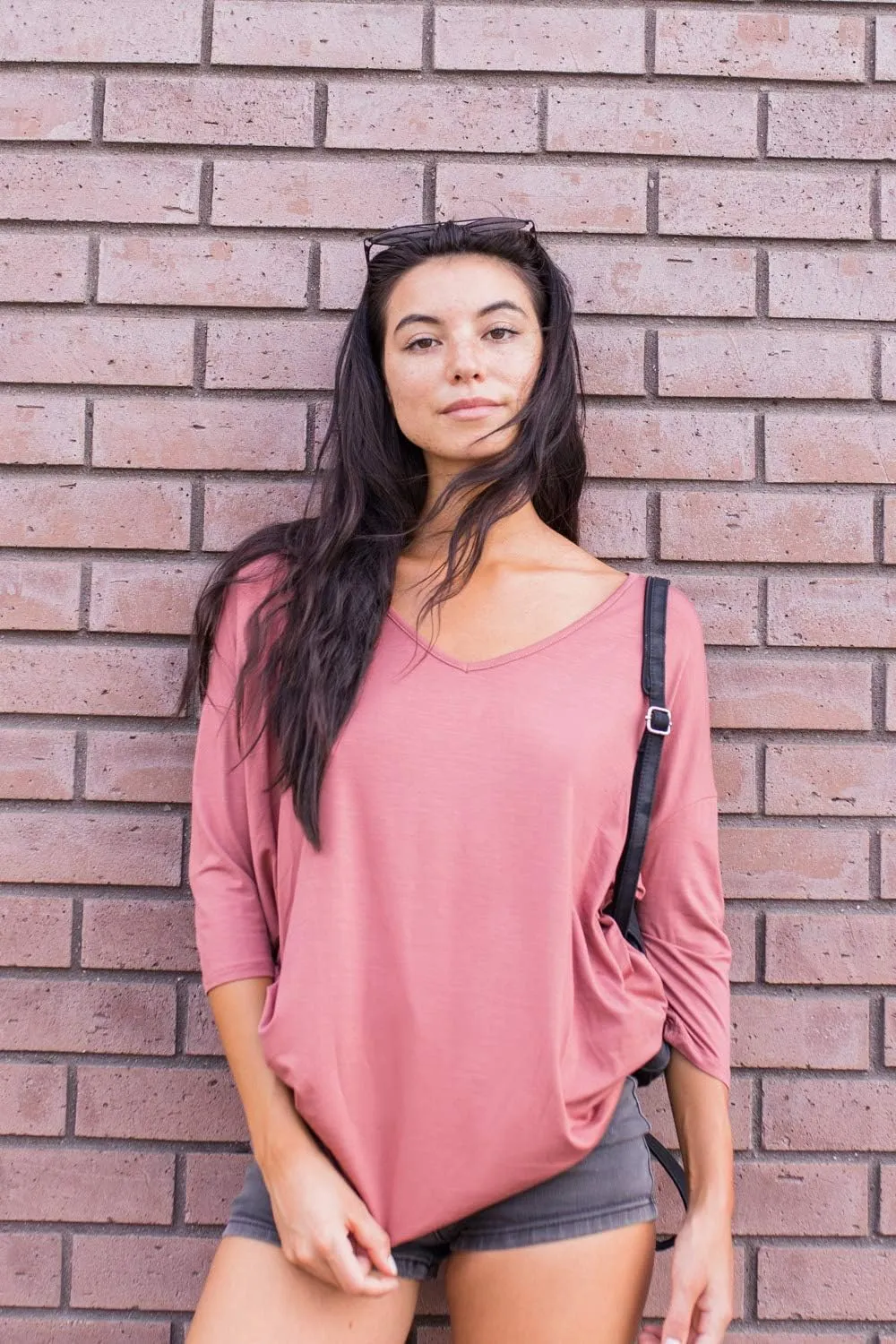 Women’s Soft Knit V-Neck Dolman Tunic Top with ¾ Long Sleeves