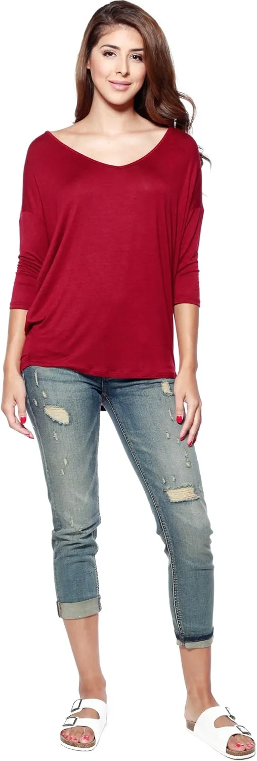 Women’s Soft Knit V-Neck Dolman Tunic Top with ¾ Long Sleeves