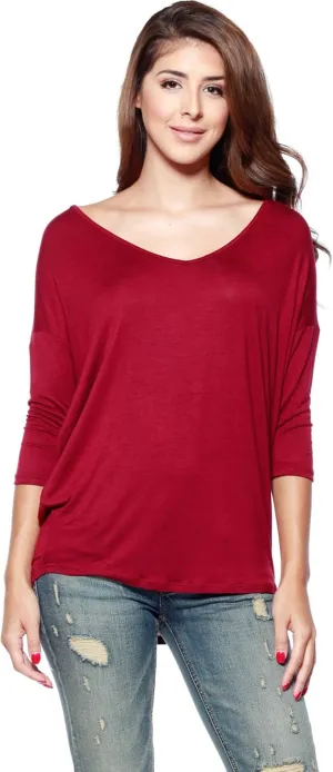 Women’s Soft Knit V-Neck Dolman Tunic Top with ¾ Long Sleeves