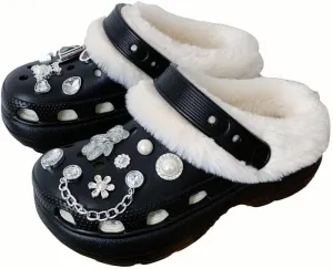 Women's Solid Color Heat-Lined Clogs, Slip-on Soft-Soled Platform Non-Slip Fluffy Shoes, Winter Luxury Indoor Slippers