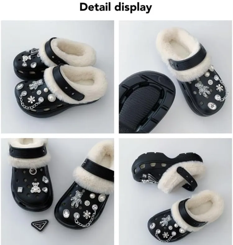Women's Solid Color Heat-Lined Clogs, Slip-on Soft-Soled Platform Non-Slip Fluffy Shoes, Winter Luxury Indoor Slippers
