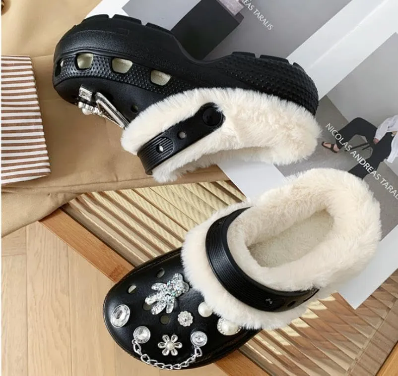 Women's Solid Color Heat-Lined Clogs, Slip-on Soft-Soled Platform Non-Slip Fluffy Shoes, Winter Luxury Indoor Slippers
