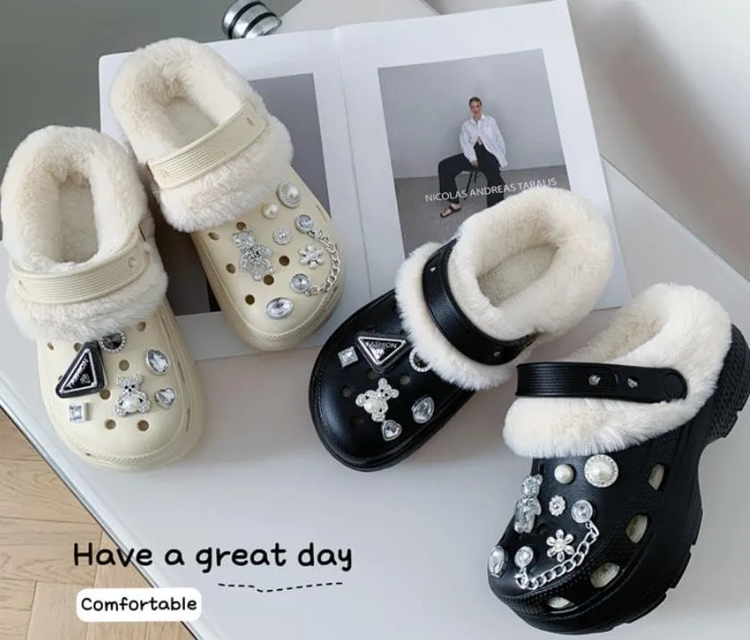 Women's Solid Color Heat-Lined Clogs, Slip-on Soft-Soled Platform Non-Slip Fluffy Shoes, Winter Luxury Indoor Slippers