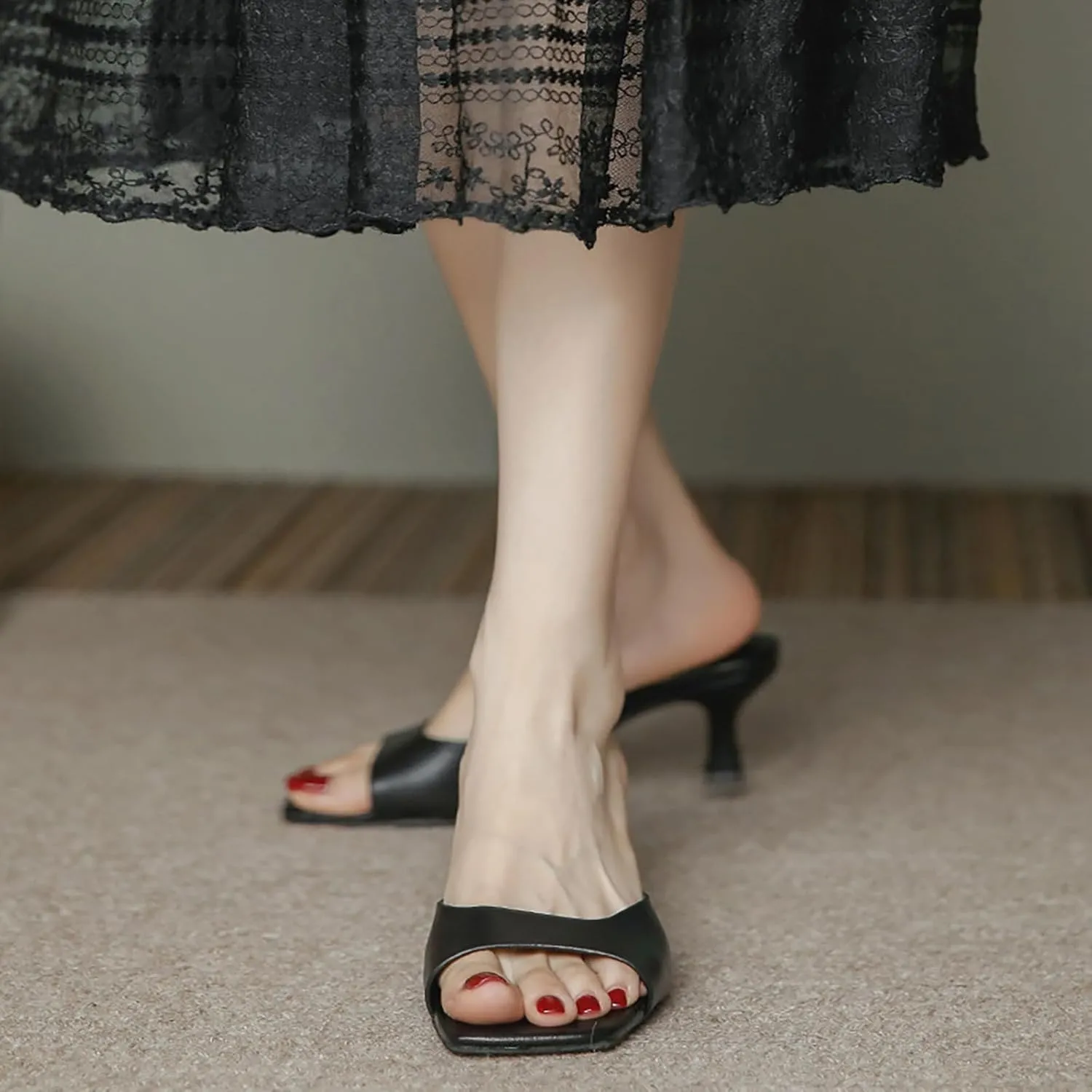 Women's Square Open Toe Kitten Heel Slides Sandals Sexy One Band Slip-On Stiletto Heels Mules Casual Party Prom Dance Dress Dress